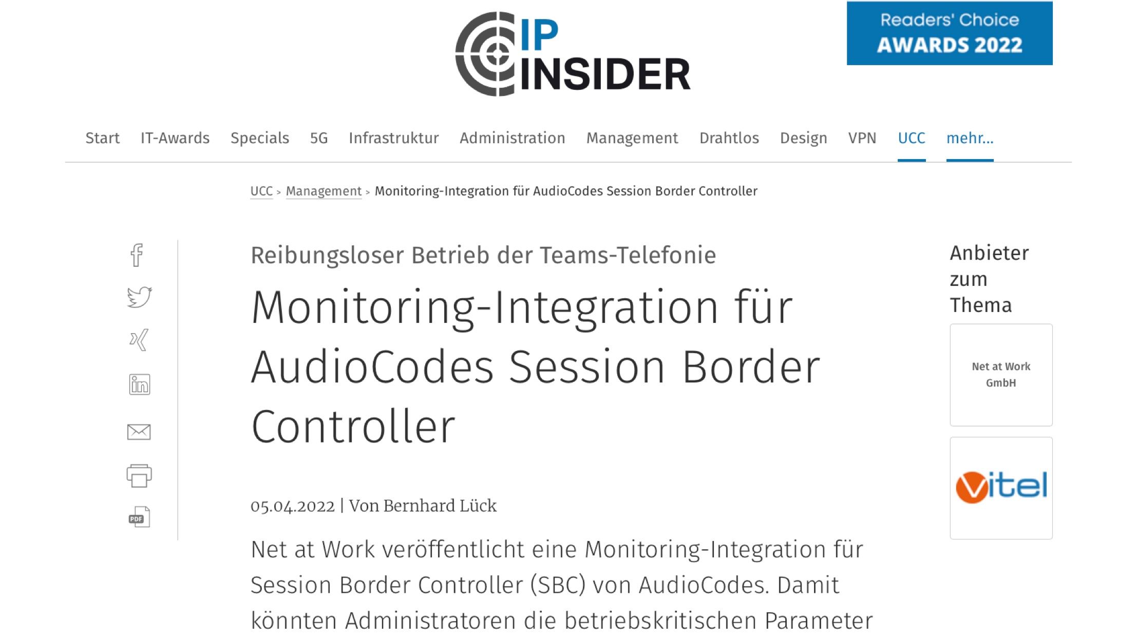 Artikel "Monitoring-Integration für AudioCodes Session Border Controller" im IP Insider