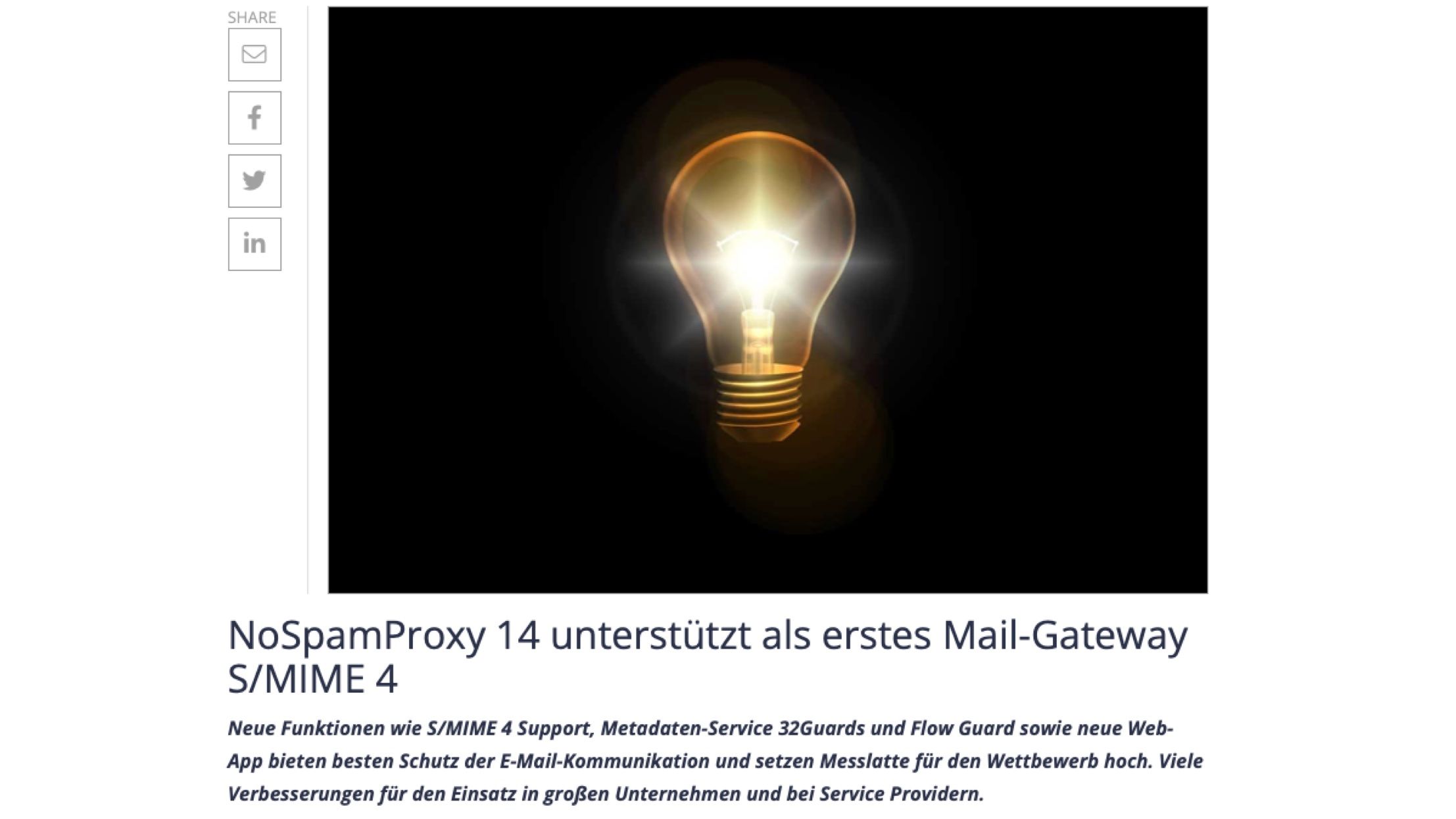 Artikel "NoSpamProxy 14 unterstützt als erstes Mail-Gateway S/MIME 4" in all-about-security