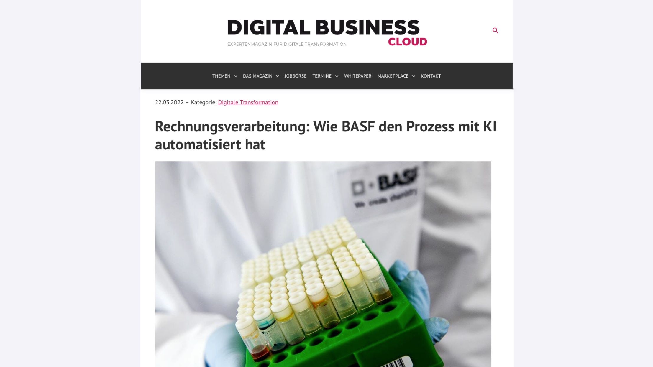 Artikel "Rechnungsverarbeitung: Wie BASF den Prozess mit KI automatisiert hat" in Digital Business Cloud