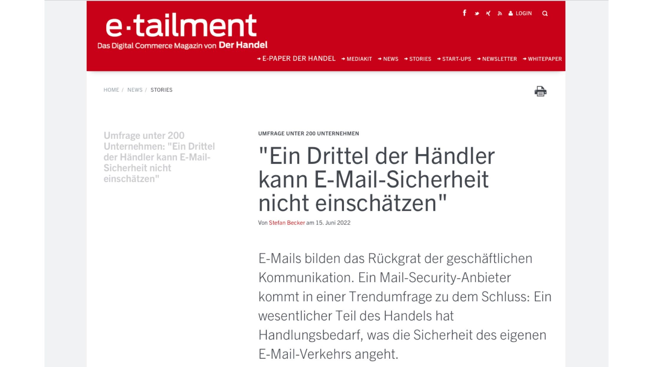 Artikel ""One-third of retailers can't assess email security"" in der e-tailment