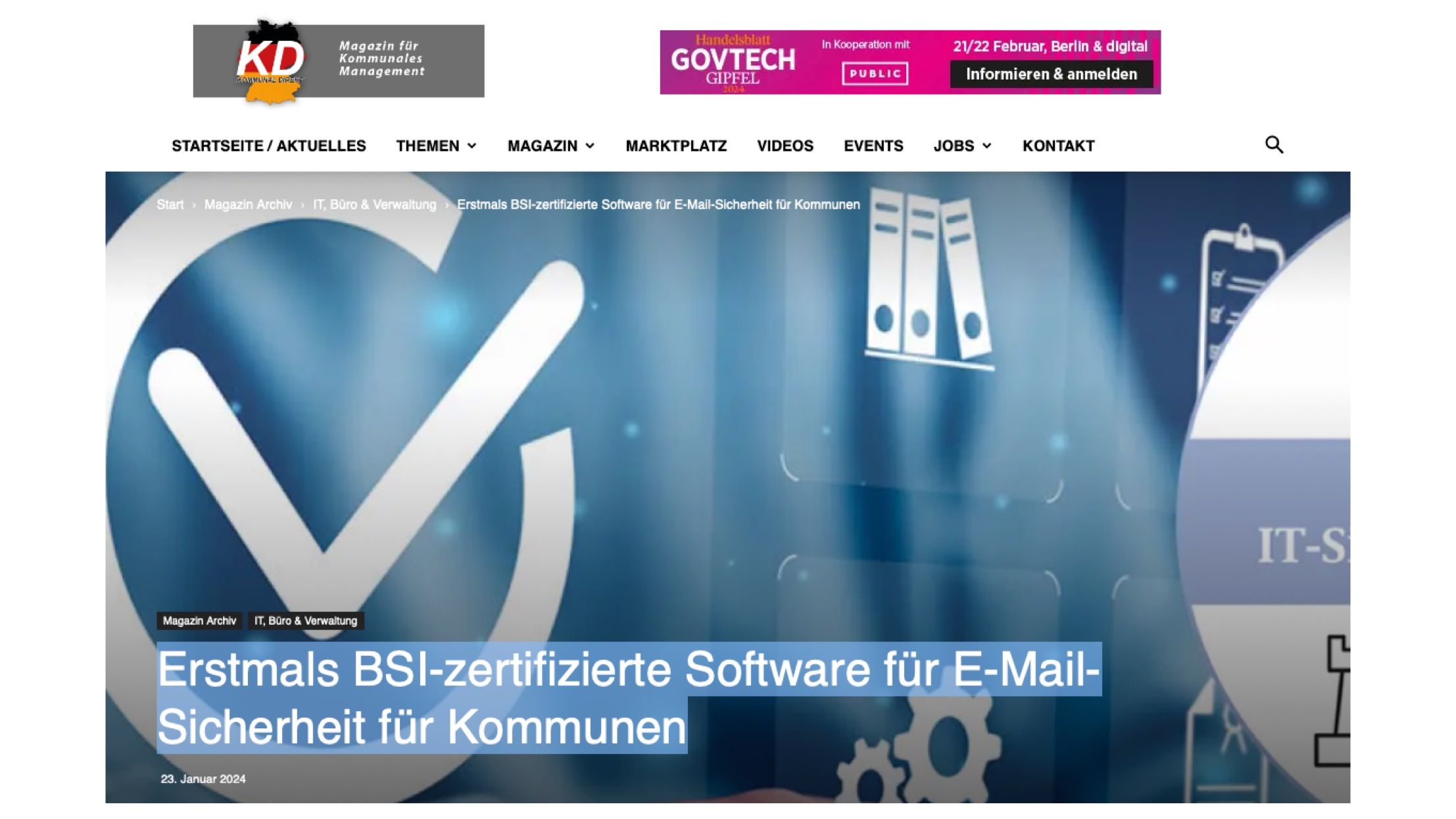 Artikel "Erstmals BSI-zertifizierte Software für E-Mail-Sicherheit für Kommunen" in kommunaldirekt