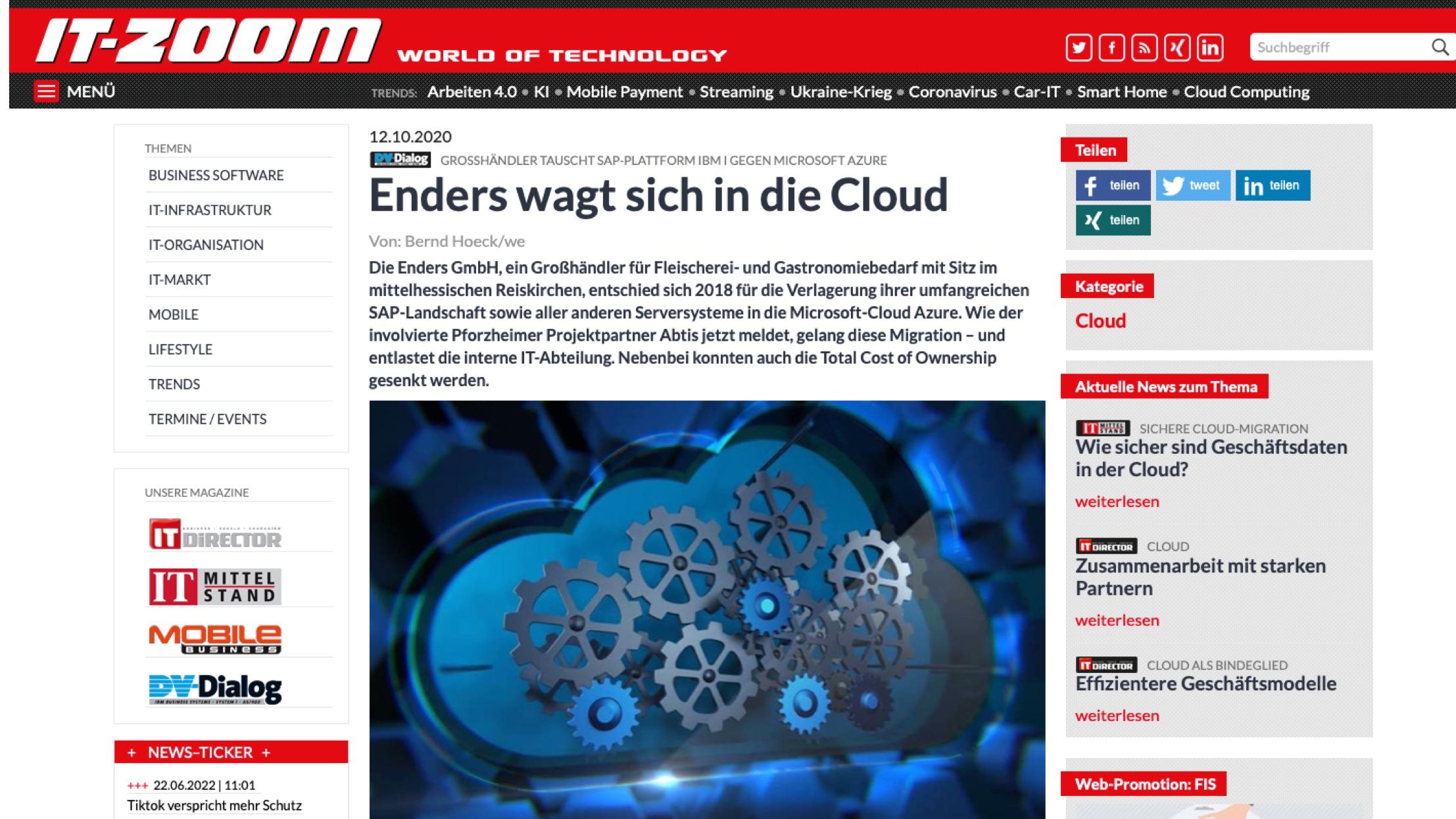Artikel "Enders wagt sich in die Cloud" in DV-Dialog