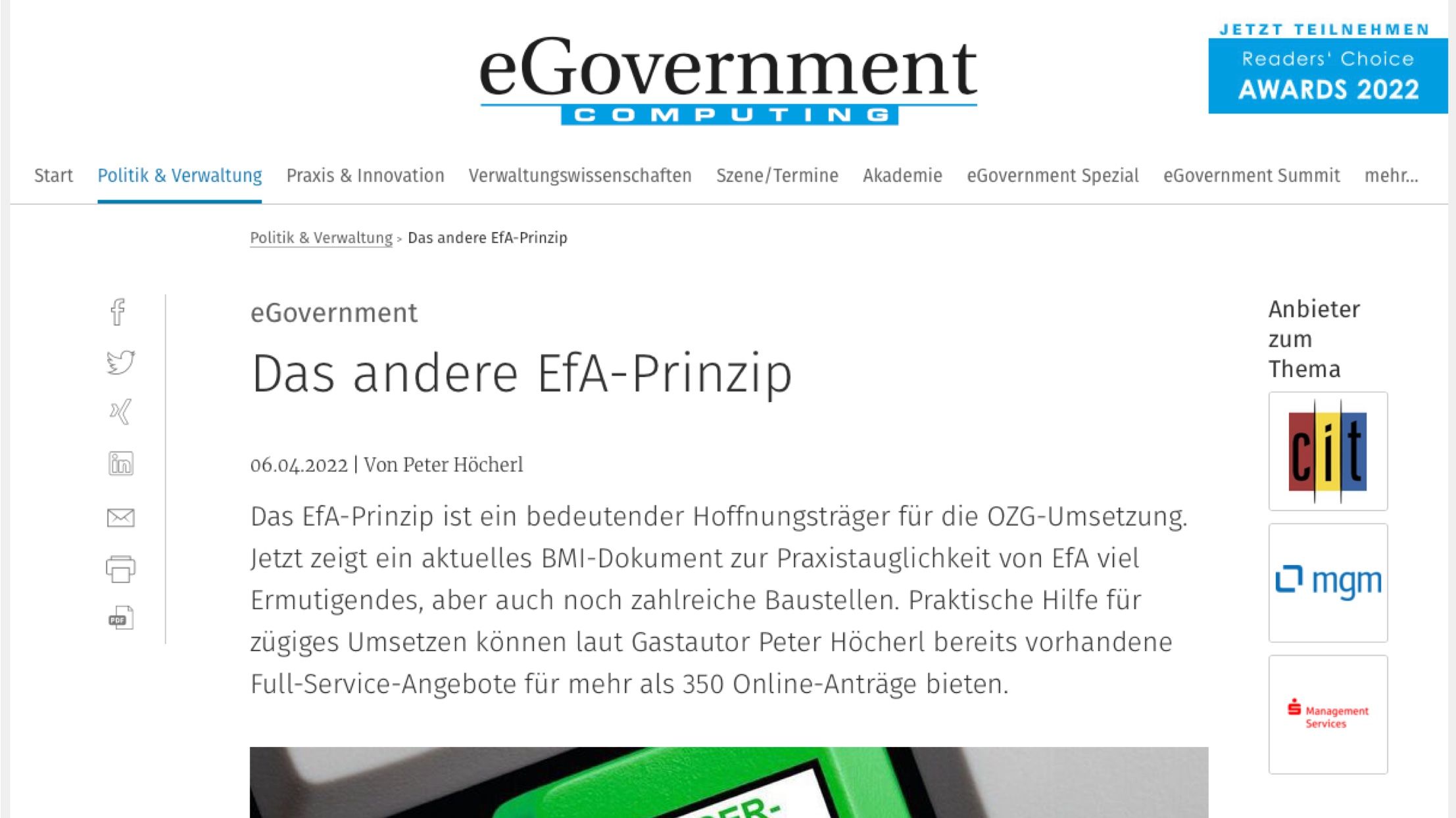 Artikel "Das andere EfA-Prinzip" in eGovernment Computing